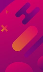 Abstract magenta-pink gradient background with large orange and purple rounded bars and small plus and X symbols nearby.